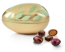 Metal&aelig;g Guld m. Gr&oslash;nne blade, Luksus chokolade & Luksus&aelig;g, 250 g.