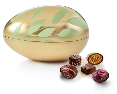 Metal&aelig;g Guld m. Gr&oslash;nne blade, Luksus chokolade & Luksus&aelig;g, 350 g.