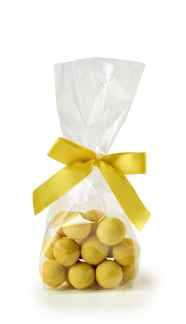 Cellofanpose m/gulsilkesl&oslash;jfe, Lakridskugler m/chokolade & Passion, 90 g.