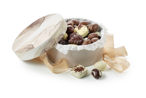 Rund Hatte&aelig;ske Brun Marmor, Luksus chokolade & Luksus&aelig;g 500 g.