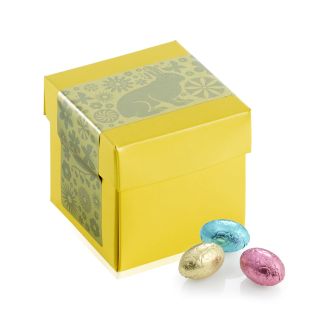 Gul Surpricebox m/p&aring;skelabel, Pralin&eacute;&aelig;g, 90 g.