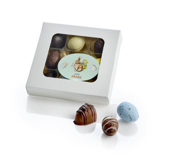 Hvid rude&aelig;ske, 9 stk - Marcipan&aelig;g, Luksus&aelig;g & Belgiske fugle&aelig;g 90 g.