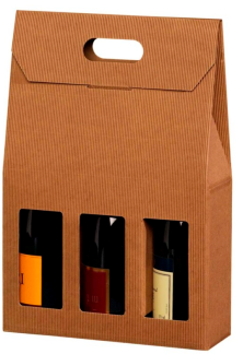 Gave&aelig;ske til vin, udvendig dim: 270 x 90 x 410 mm, indre dim: 270 x 90 x 380 mm 1-lags,B-flute, s&aelig;rligt design med h&aring;ndtag, Kraftliner, brun, 3 fl. pakke a 20 stk